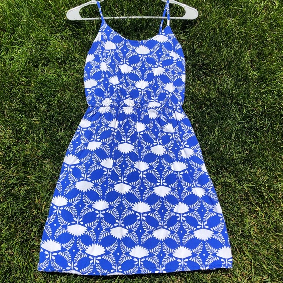 Blue and White Geo Pattern Cotton Dress - Picture 1 of 4